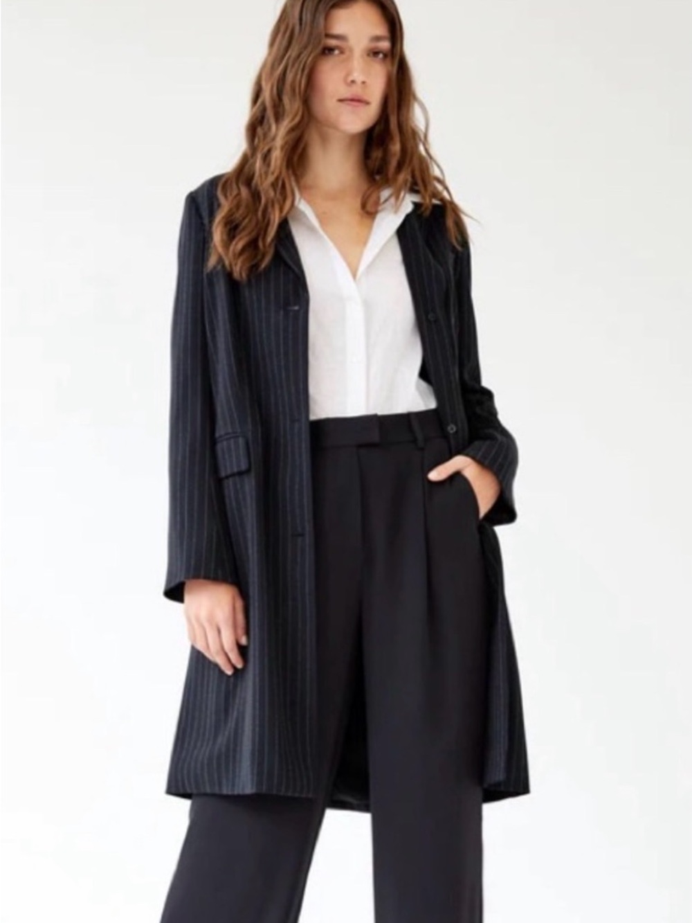 Aritzia babaton- Trent Navy Pinstripe Tailored Long Blazer- size 6